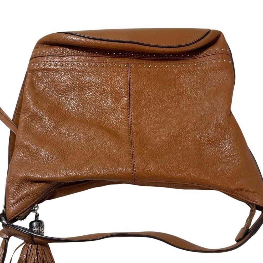 Vintage Brighton Jake Caramel Brown Leather Studded Tassel Hobo Shoulder Bag - Picture 3 of 8